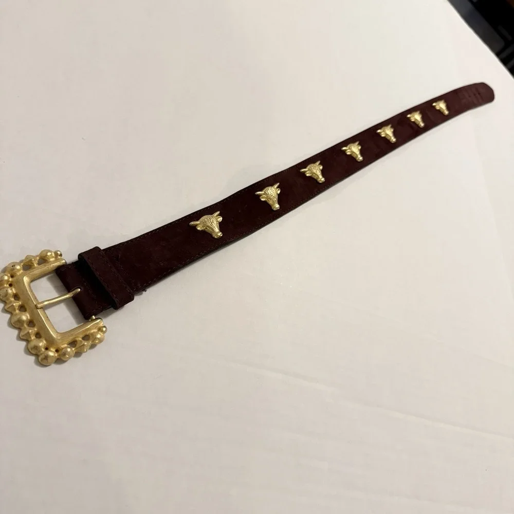 Crisca Dark Brown Leather Belt Gold Trim, Cow, Steer Horns. Made In Italy. 34 In